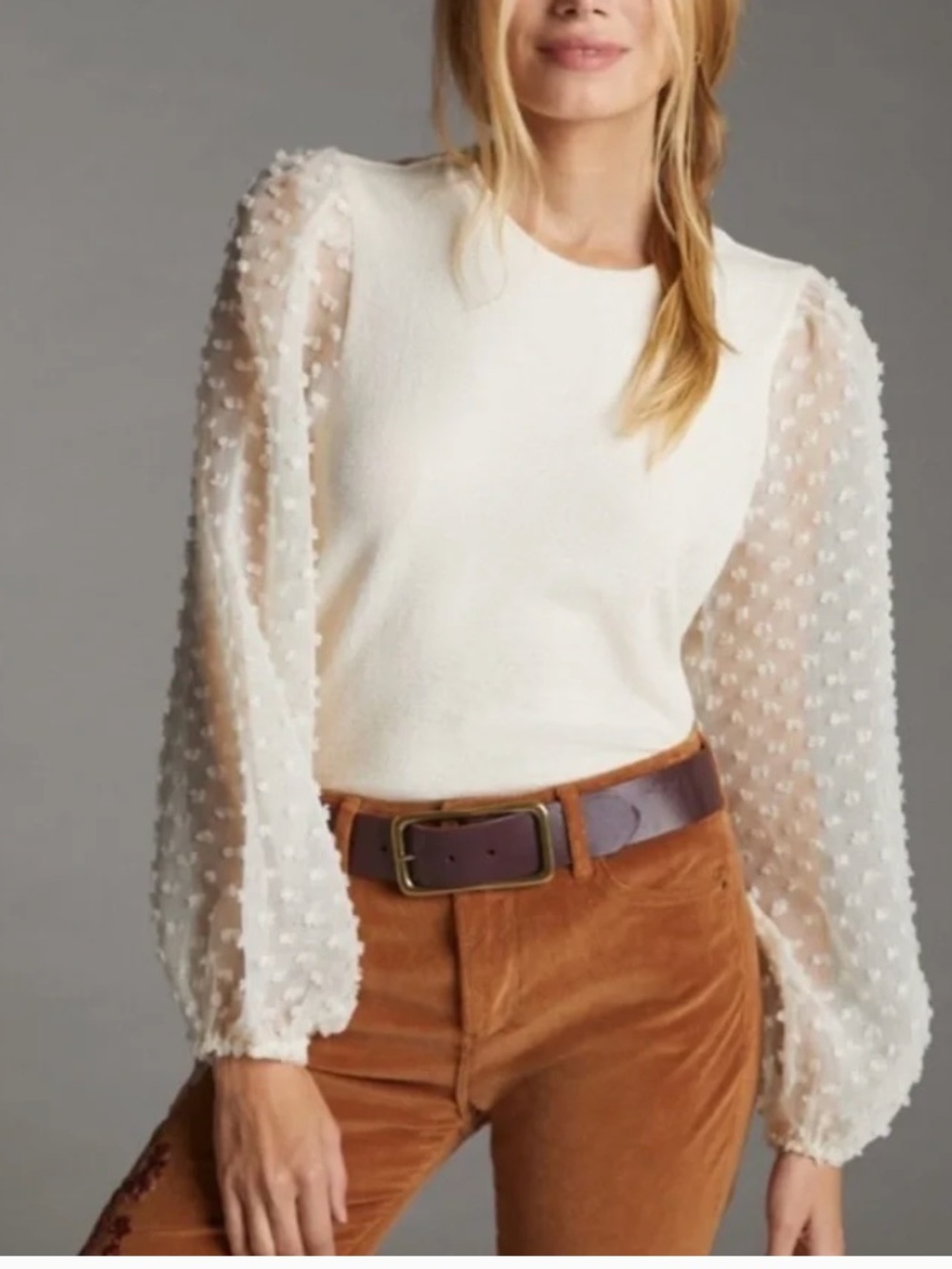Anthropologie Maeve Cream Ribbed Knit Top with sheer Swiss.long balloon sleeves